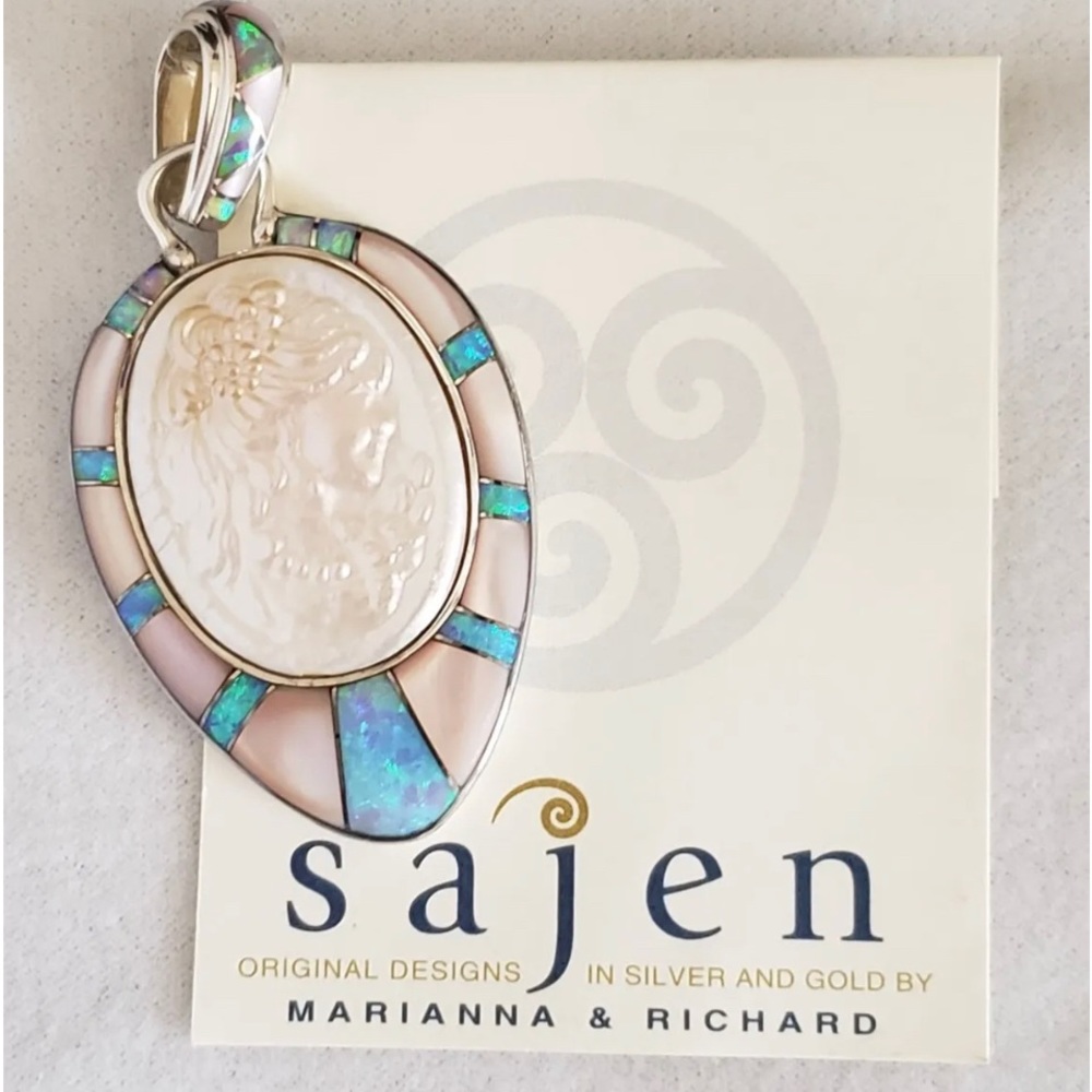 New!Sajen Carved MOP Cameo Pink MOP Opal Inlay 925 Sterling Silver Pendant